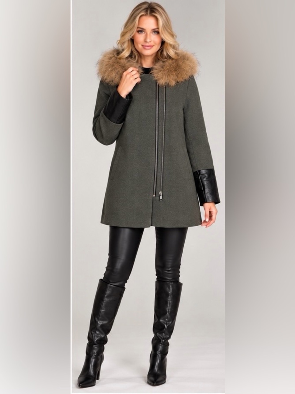 GOA Gray Wool Blend Hooded Coat w/ Black Faux Leather Cuffs & Faux Fur Trim, S
